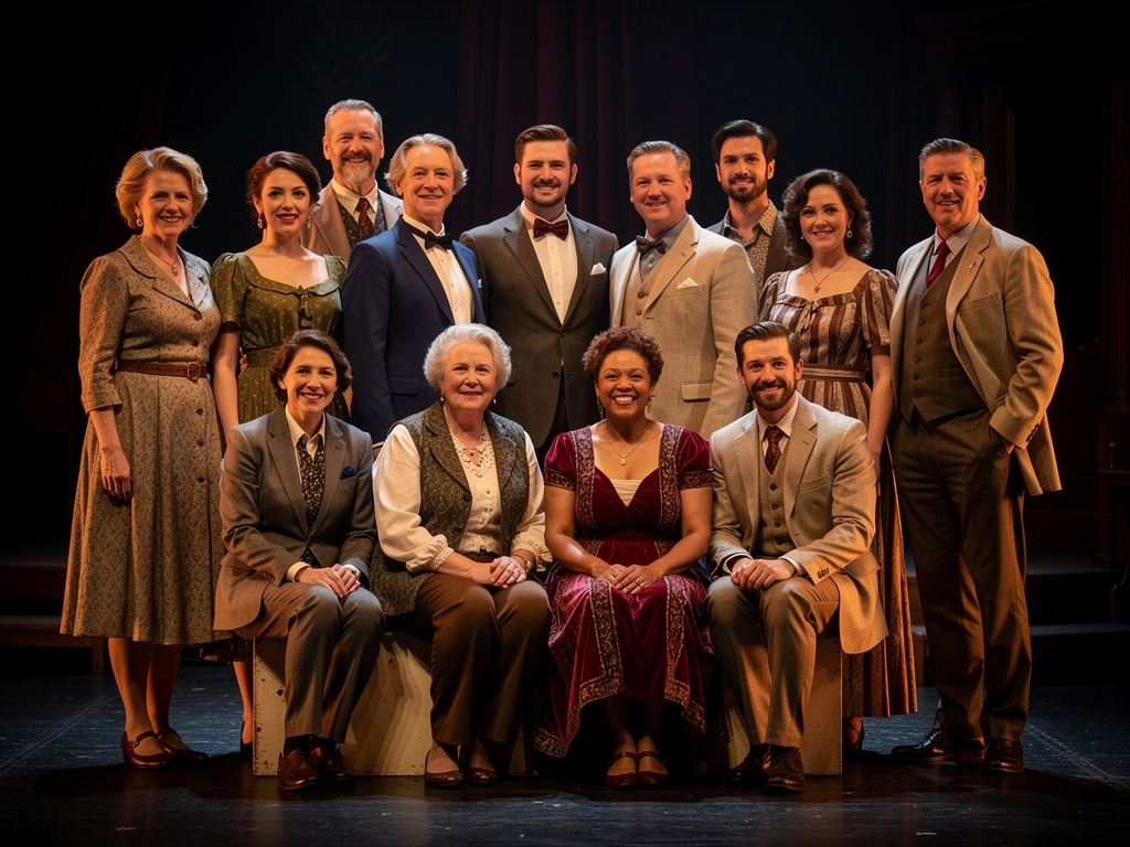 AI-generated example of a full theatre cast &mdash; a diverse ensemble all photographed to one consistent, professional look